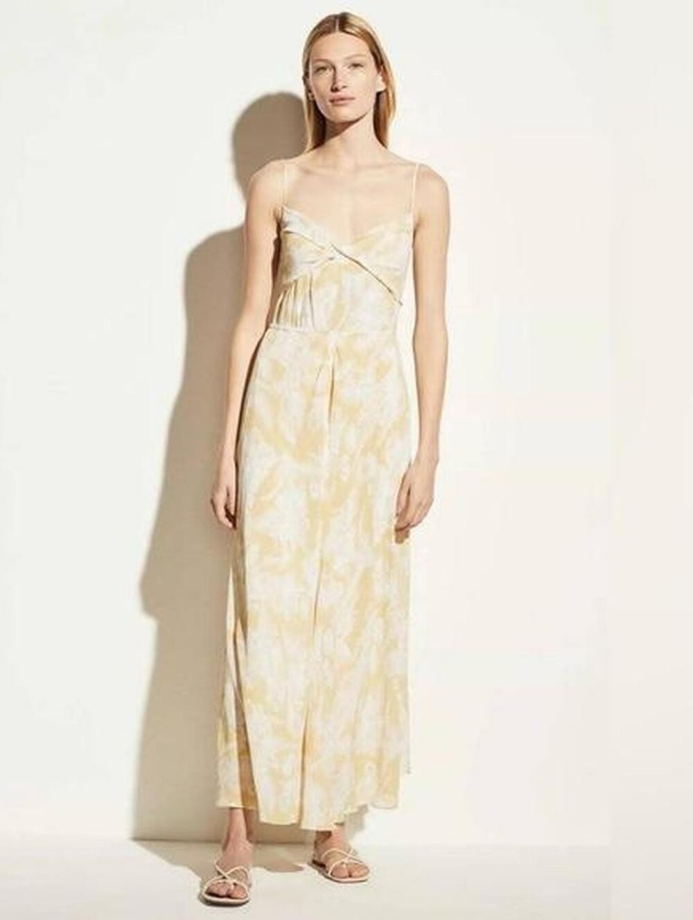 Vince Wheat Twist Knot Drape Maxi in Balm (Pale Yellow) Crinkled Tank Dress Sz M